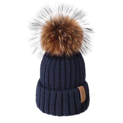 Furtalk Real Fur pompom Beanie Hat Women Winter Knitted Hat Warm Real Big Raccoon Pom Pom Hat for Female
