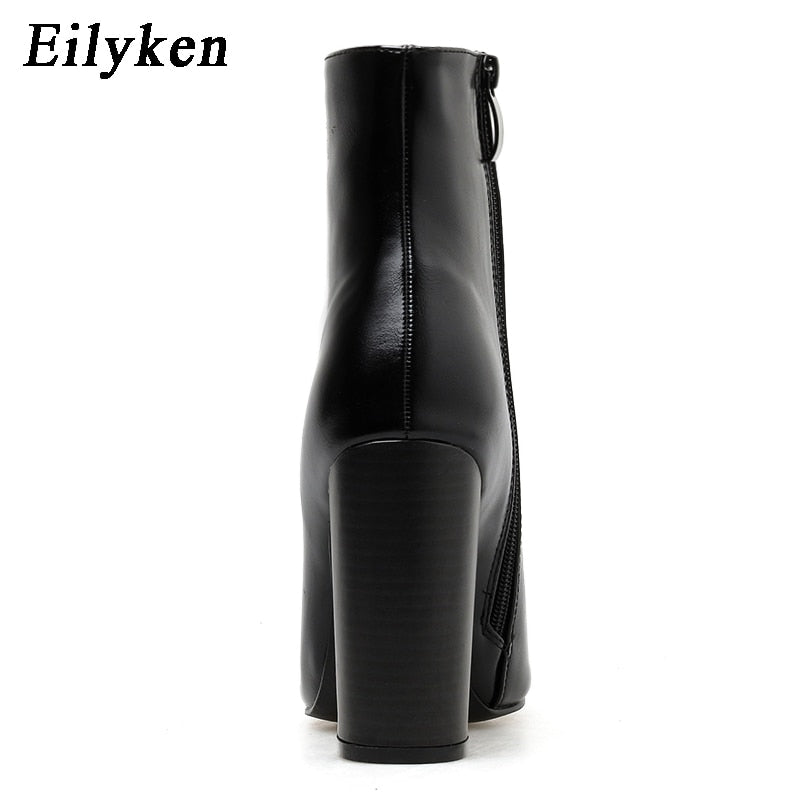Eilyken Women PU Leather Ankle Boots Thick Heels Pointed Toe Night Club Party Shoes Woman Basic Boots Office Pumps size 41 42