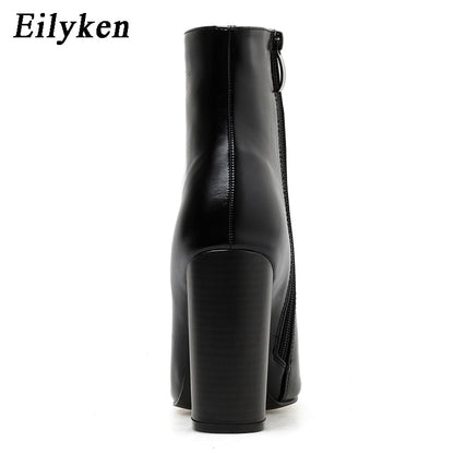 Eilyken Women PU Leather Ankle Boots Thick Heels Pointed Toe Night Club Party Shoes Woman Basic Boots Office Pumps size 41 42
