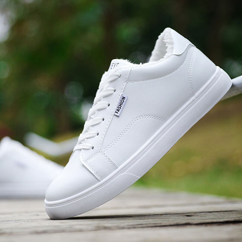 Men's White Sneakers Plus Velvet Warm Winter Shoes For Men Shoes Casual Lace Up PU Leather Ankle Boots