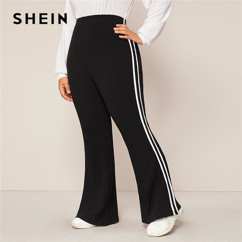 SHEIN Plus Size Black Striped Side Flare Leg Joggers Women Spring Autumn Pants High Waist Sporting Long Trousers
