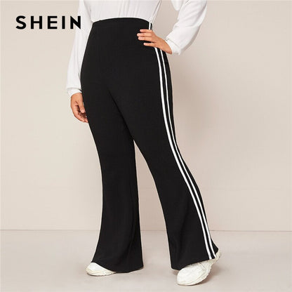 SHEIN Plus Size Black Striped Side Flare Leg Joggers Women Spring Autumn Pants High Waist Sporting Long Trousers