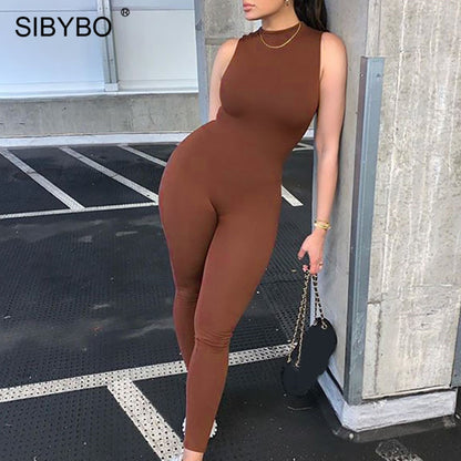 Sibybo Sleeveless Skinny Summer Rompers Womens Jumpsuit O-Neck Invisible Zipper Sexy Jumpsuit Women Solid Sport Casual Overalls