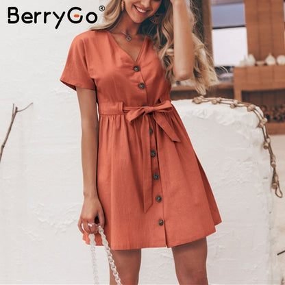 BerryGo Sexy v-neck women dresses linen dress Vintage short sleeve button sash mini dress Casual streetwear summer dress vestido