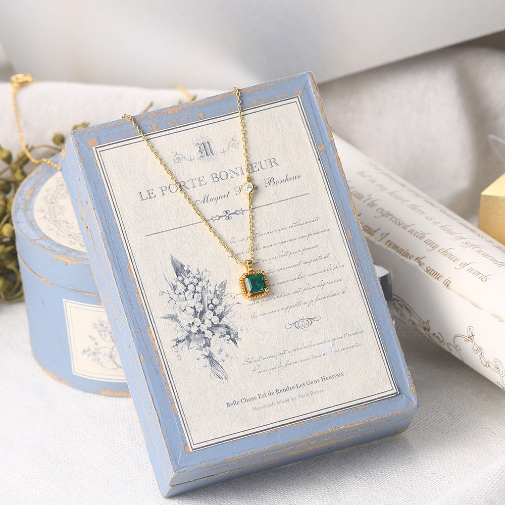 LAMOON 925 Sterling Silver Synthetic Emerald Necklace For Women Retro Princess Cut Stone 14K Gold Plated Fine Jewelry LMNI097