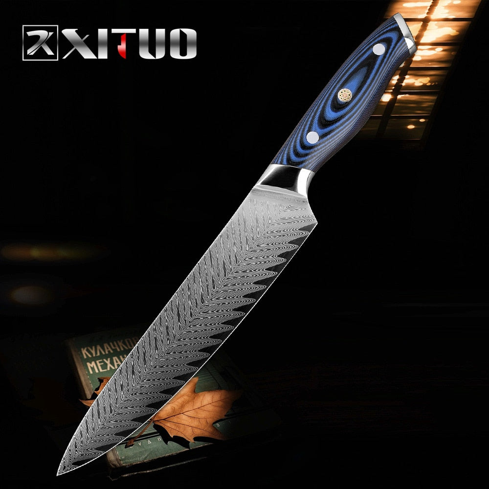 XITUO Damascus Chef Knife Professional Japan Sankotu Cleaver Boning Gyuto Kitchen Knife Cooking Tool Exquisite Plum Rivet Handle