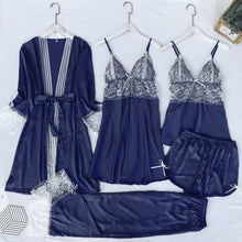 Charger l&#39;image dans la galerie, Satin Lace 5PCS Sleep Set Sexy Kimono Bathrobe Gown Female Robe Silky Nightwear Intimate Lingerie Casual Nightgown Sleepwear
