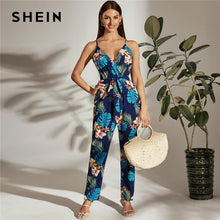 Load image into Gallery viewer, SHEIN Multicolor Surplice Neck Self Belted Tropical Cami Jumpsuit Women Summer High Waist Sleeveless Long Boho Jumpsuits
