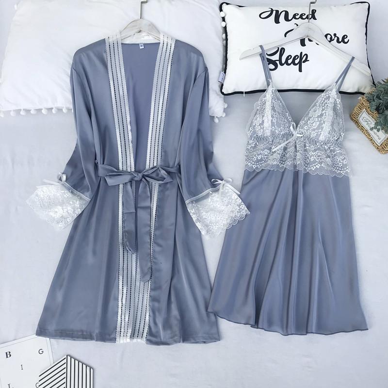 Satin Lace 5PCS Sleep Set Sexy Kimono Bathrobe Gown Female Robe Silky Nightwear Intimate Lingerie Casual Nightgown Sleepwear