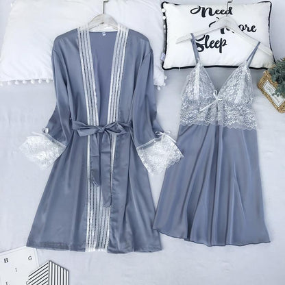Satin Lace 5PCS Sleep Set Sexy Kimono Bathrobe Gown Female Robe Silky Nightwear Intimate Lingerie Casual Nightgown Sleepwear