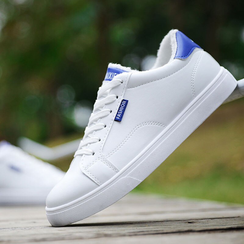 Men's White Sneakers Plus Velvet Warm Winter Shoes For Men Shoes Casual Lace Up PU Leather Ankle Boots