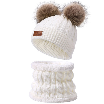 Two pieces Hat Scarf Set Beanie Cap Children's Hats Girls Caps Fake Ball Pompon Keep Warm Winter Knitted Skullies Kids Bone