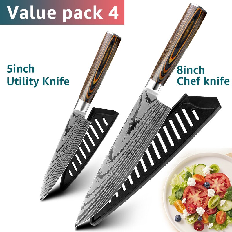 Kitchen knife Japanese Chef Knives 7CR17 440C Stainless Steel Imitation Damascus Knife Meat Cleaver Slicer Santoku Cutter Set