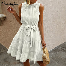 Load image into Gallery viewer, Huaxiafan women dresses dress white solid dresses Elegant sleeveless bow belt ruffle neck summer holiday mini dress Vestidos
