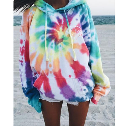 Women's Tie Dye Hoodie Sweater Drawstring Autumn Winter Ladies Baggy Hooded Jumper Pull Femme Tie Colorful Dyeing Fashion and leisure Coat