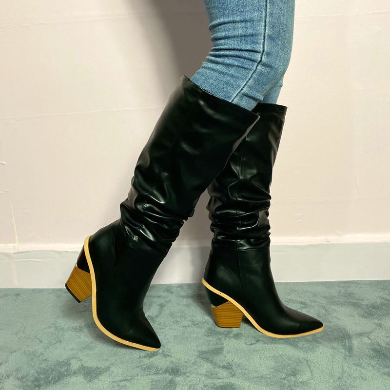 Black White Fashion Pleated Knee High Boots Women Pu Leather Wedges High Heels Long Boots Pointed Toe Autumn Winter Plush Shoes