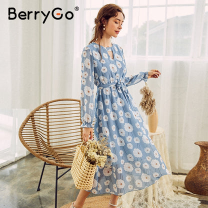 BerryGo Vintage floral print boho dress women Casual long sleeve spring party dress High waist work wear office ladies dress
