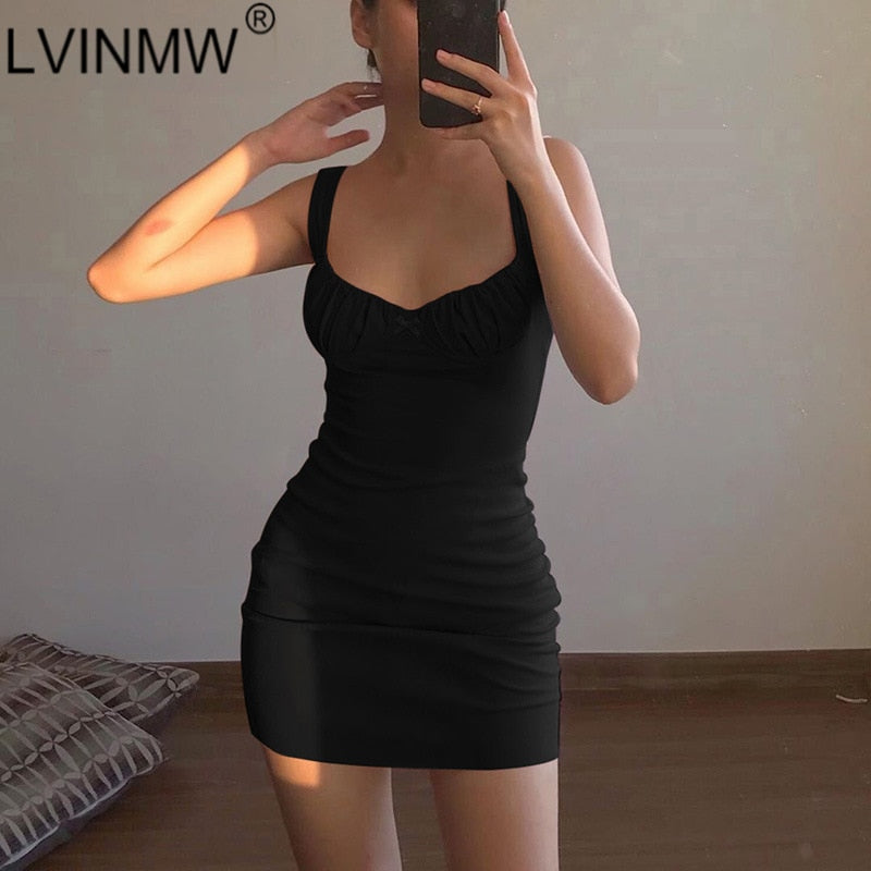 LVINMW Sexy Skinny Bralette With Bow Low Cut Slim Dress 2020 Women Summer Fashion Sleeveless Backless Dress Female Party Club