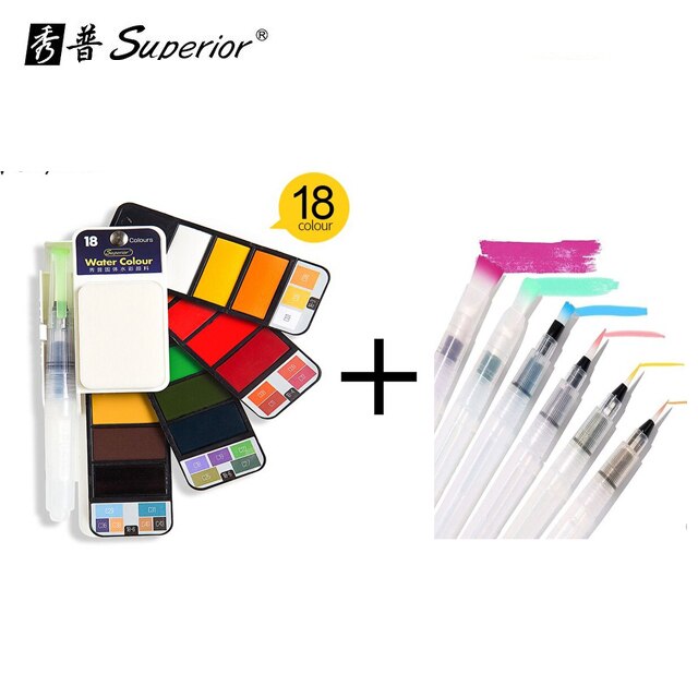 Superior Solid Watercolor Paint With 6Pcs Water Brush Pen Foldable Travel Water Color Pigment