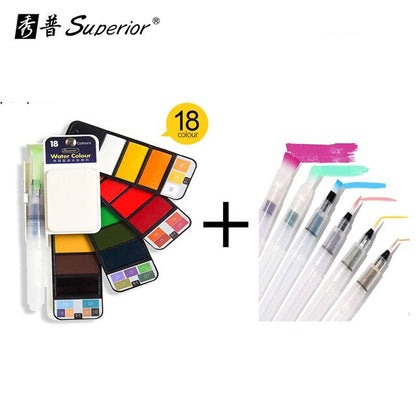 Superior Solid Watercolor Paint With 6Pcs Water Brush Pen Foldable Travel Water Color Pigment