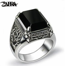 將圖片載入圖庫檢視器 ZABRA Real 925 Silver Black Zircon Ring For Men Female Engraved Flower Men Fashion Sterling Thai Silver Jewelry Synthetic Onyx
