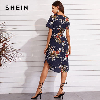 SHEIN Navy Blue Notch Neck Curved Hem Belted Floral Tunic Dress Women Summer Short Sleeve Bohemian Straight Midi Dresses