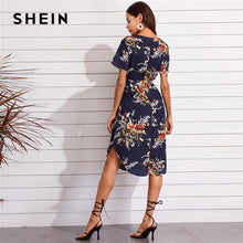 Load image into Gallery viewer, SHEIN Navy Blue Notch Neck Curved Hem Belted Floral Tunic Dress Women Summer Short Sleeve Bohemian Straight Midi Dresses
