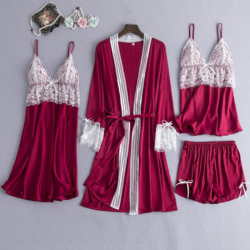 Satin Lace 5PCS Sleep Set Sexy Kimono Bathrobe Gown Female Robe Silky Nightwear Intimate Lingerie Casual Nightgown Sleepwear