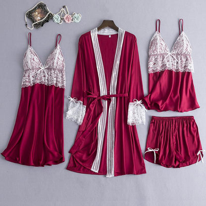Satin Lace 5PCS Sleep Set Sexy Kimono Bathrobe Gown Female Robe Silky Nightwear Intimate Lingerie Casual Nightgown Sleepwear