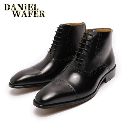 FASHION MENS ANKLE BOOTS FORMAL MEN DRESS GENUINE LEATHER SHOES WESTERN BOOTS BLACK BROWN CAP TOE LACE UP CASUAL BASIC BOOTS MEN