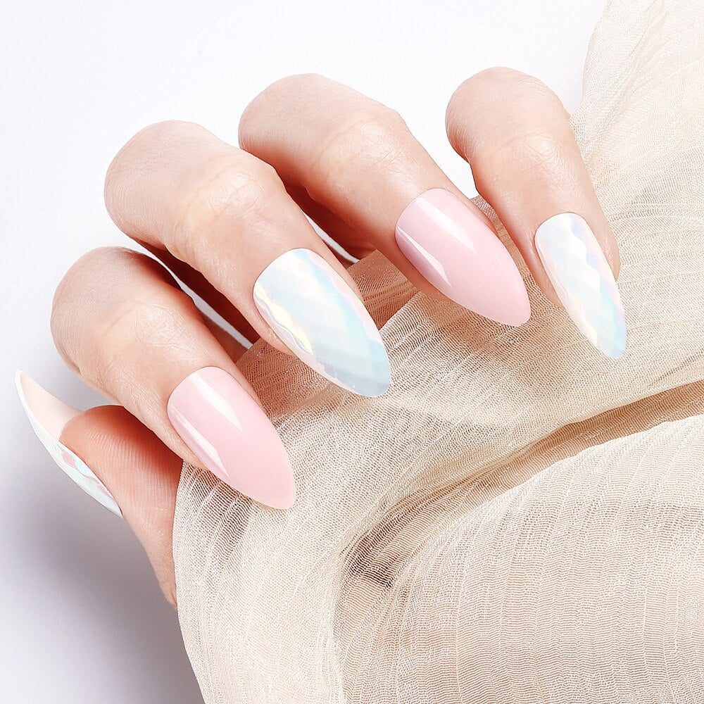 NEW 24pcs Laser False Nail Colorful Full Cover Fake Nail Laser Reflective Full Nail Tips Spiked False Nails Long False Nails