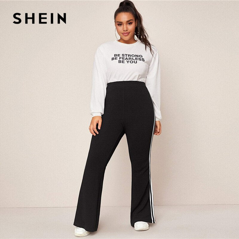SHEIN Plus Size Black Striped Side Flare Leg Joggers Women Spring Autumn Pants High Waist Sporting Long Trousers