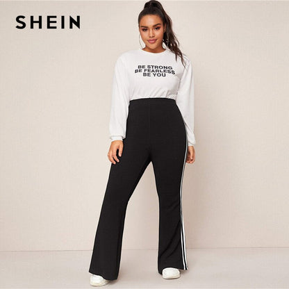 SHEIN Plus Size Black Striped Side Flare Leg Joggers Women Spring Autumn Pants High Waist Sporting Long Trousers