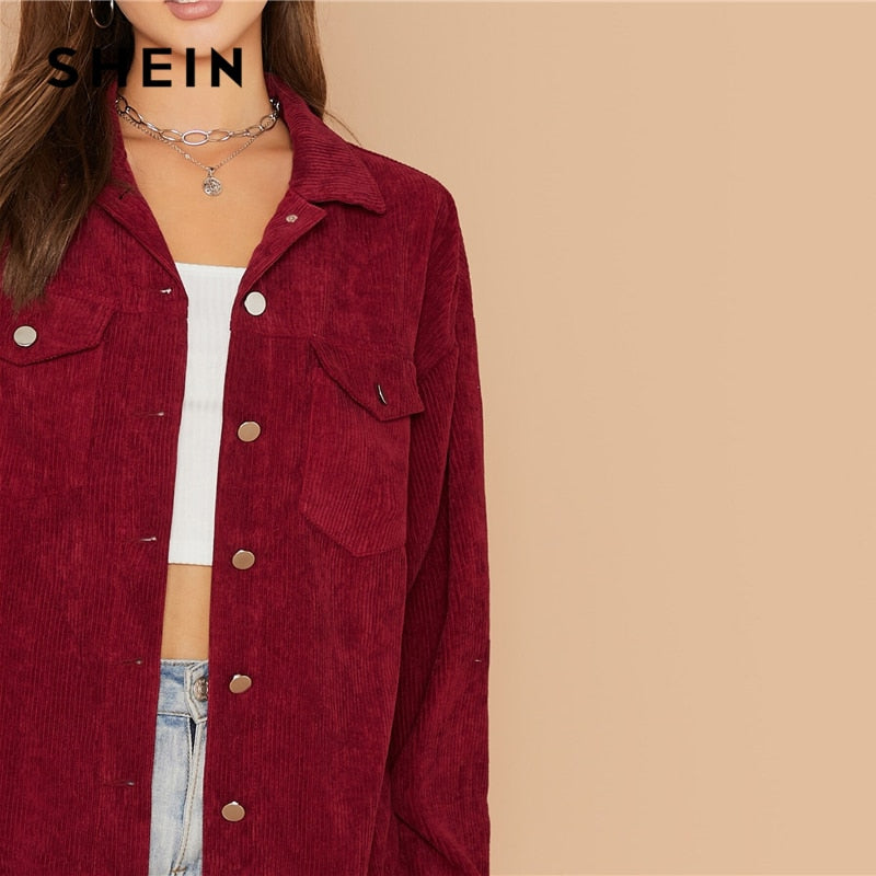 SHEIN Flap Pocket Front Cord Casual Jacket Coat Women Autumn Winter Single Breasted Long Sleeve Casual Solid Outwear Coats
