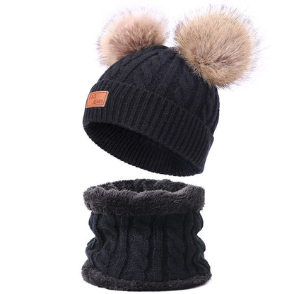 Two pieces Hat Scarf Set Beanie Cap Children's Hats Girls Caps Fake Ball Pompon Keep Warm Winter Knitted Skullies Kids Bone