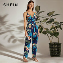 Load image into Gallery viewer, SHEIN Multicolor Surplice Neck Self Belted Tropical Cami Jumpsuit Women Summer High Waist Sleeveless Long Boho Jumpsuits
