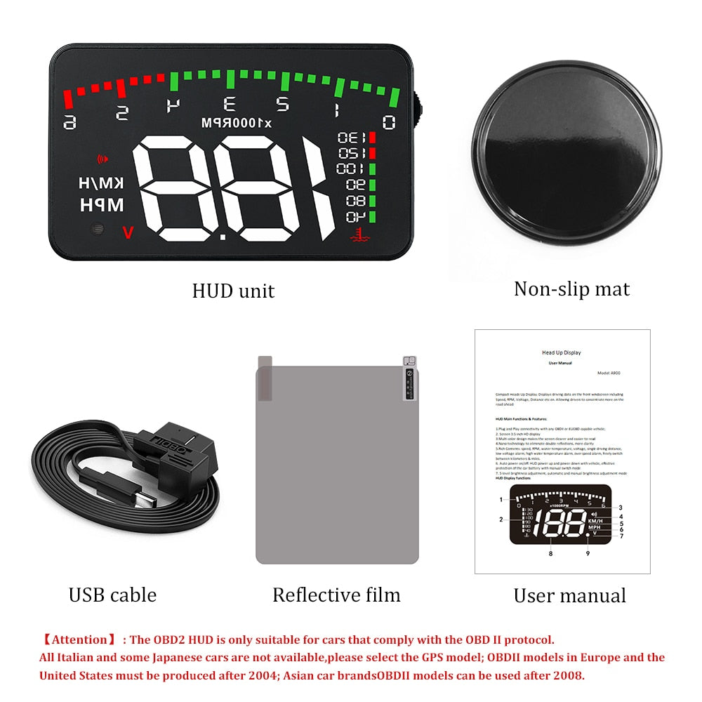 A100 3.5 A900 HUD Head-Up Display Car-Styling Overspeed Warning Windshield Projector Alarm System Universal Auto