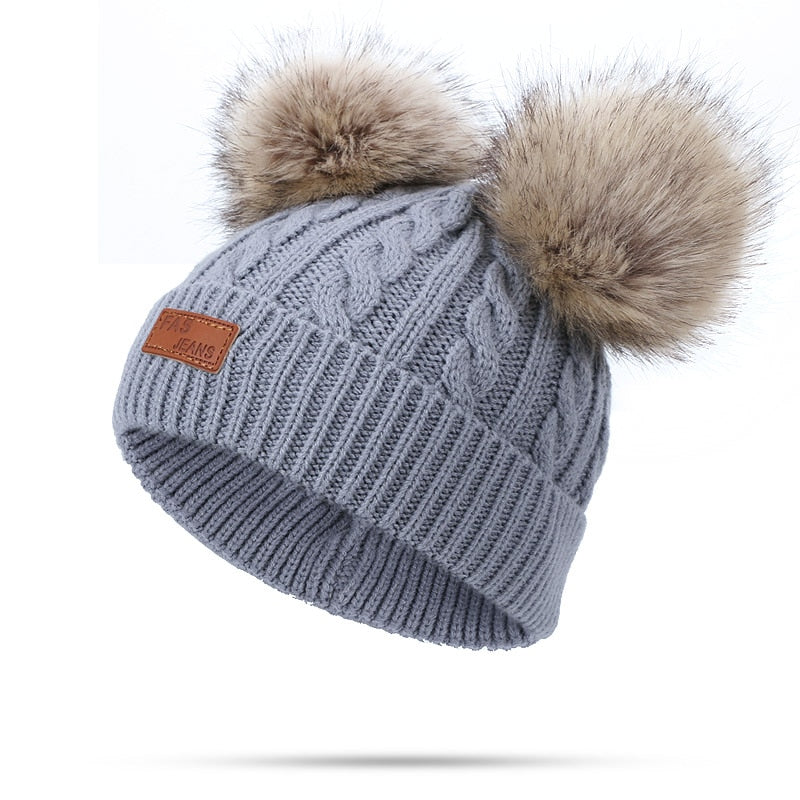 Two pieces Hat Scarf Set Beanie Cap Children's Hats Girls Caps Fake Ball Pompon Keep Warm Winter Knitted Skullies Kids Bone