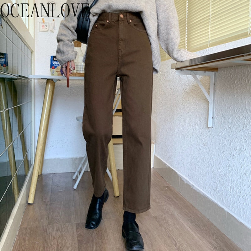 OCEANLOVE Denim Pants Women Vintage High Waist Straight Fashion Ankle-length Pants Ins All Match 2020 Spring Trousers 14703