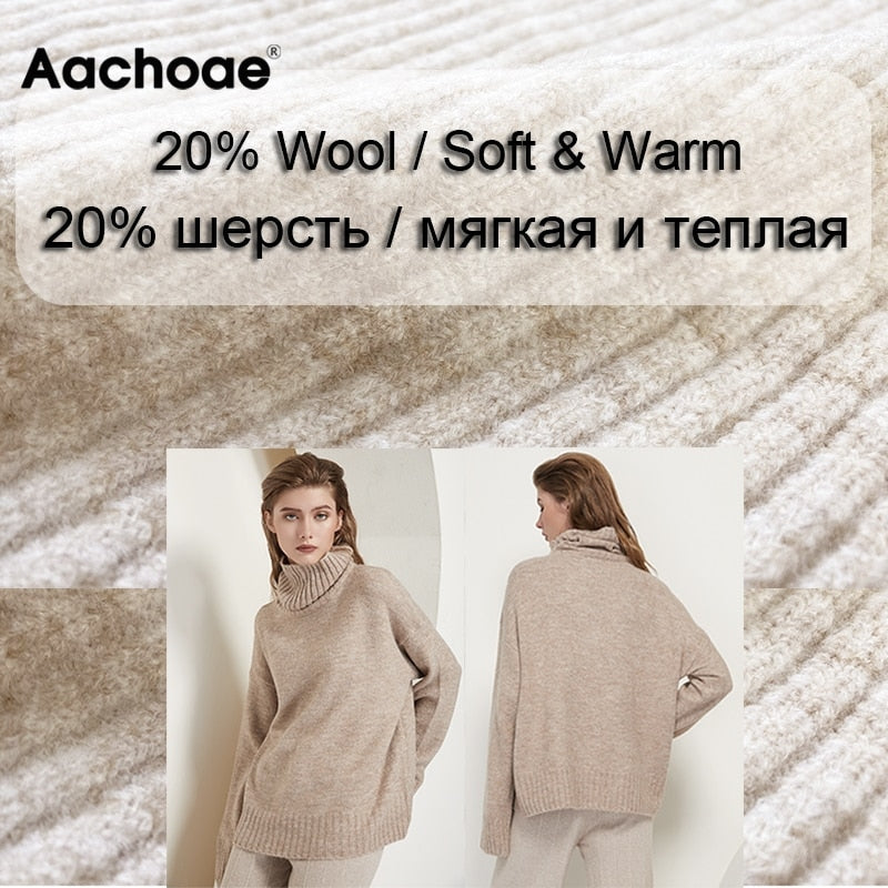Aachoae Autumn Winter Women Knitted Turtleneck Cashmere Sweater 2020 Casual Basic Pullover Jumper Batwing Long Sleeve Loose Tops