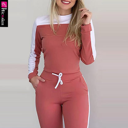 Women Colorblock Long Sleeve Top & Drawstring Pants Set