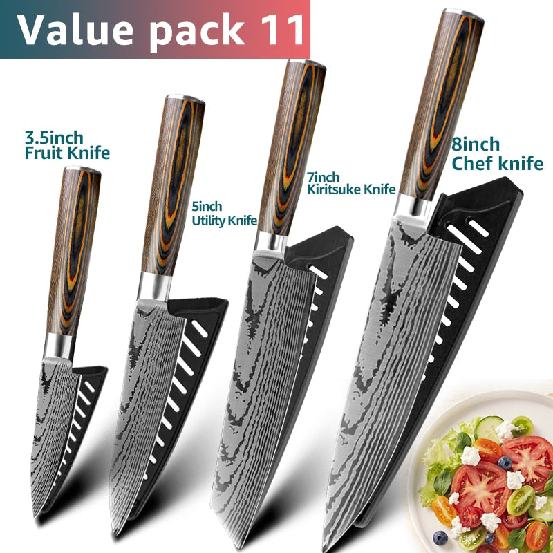 Kitchen knife Japanese Chef Knives 7CR17 440C Stainless Steel Imitation Damascus Knife Meat Cleaver Slicer Santoku Cutter Set