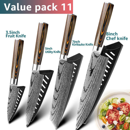 Kitchen knife Japanese Chef Knives 7CR17 440C Stainless Steel Imitation Damascus Knife Meat Cleaver Slicer Santoku Cutter Set
