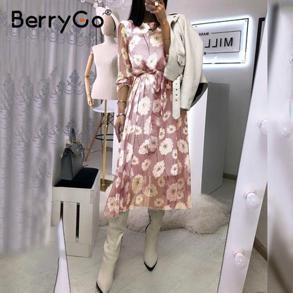 BerryGo Vintage floral print boho dress women Casual long sleeve spring party dress High waist work wear office ladies dress