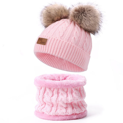 Two pieces Hat Scarf Set Beanie Cap Children's Hats Girls Caps Fake Ball Pompon Keep Warm Winter Knitted Skullies Kids Bone
