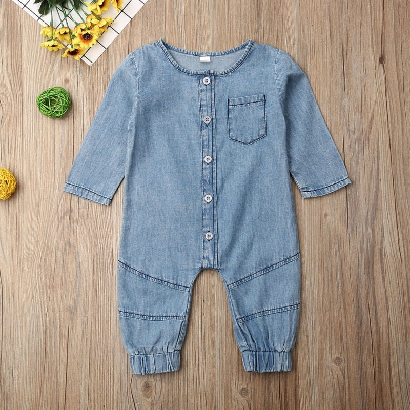 Spring Autumn Baby Clothing Long Sleeve Romper Denim Solid Jumpsuit Pocket Outfits Newborn Kids Baby Girl Boy Clothes