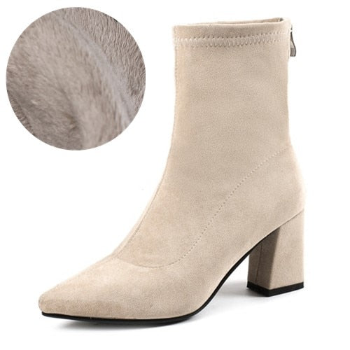 Fashion Ankle Elastic Sock Boots Chunky High Heels Stretch Women Autumn Sexy Booties Pointed Toe Women Pump Size 33-43