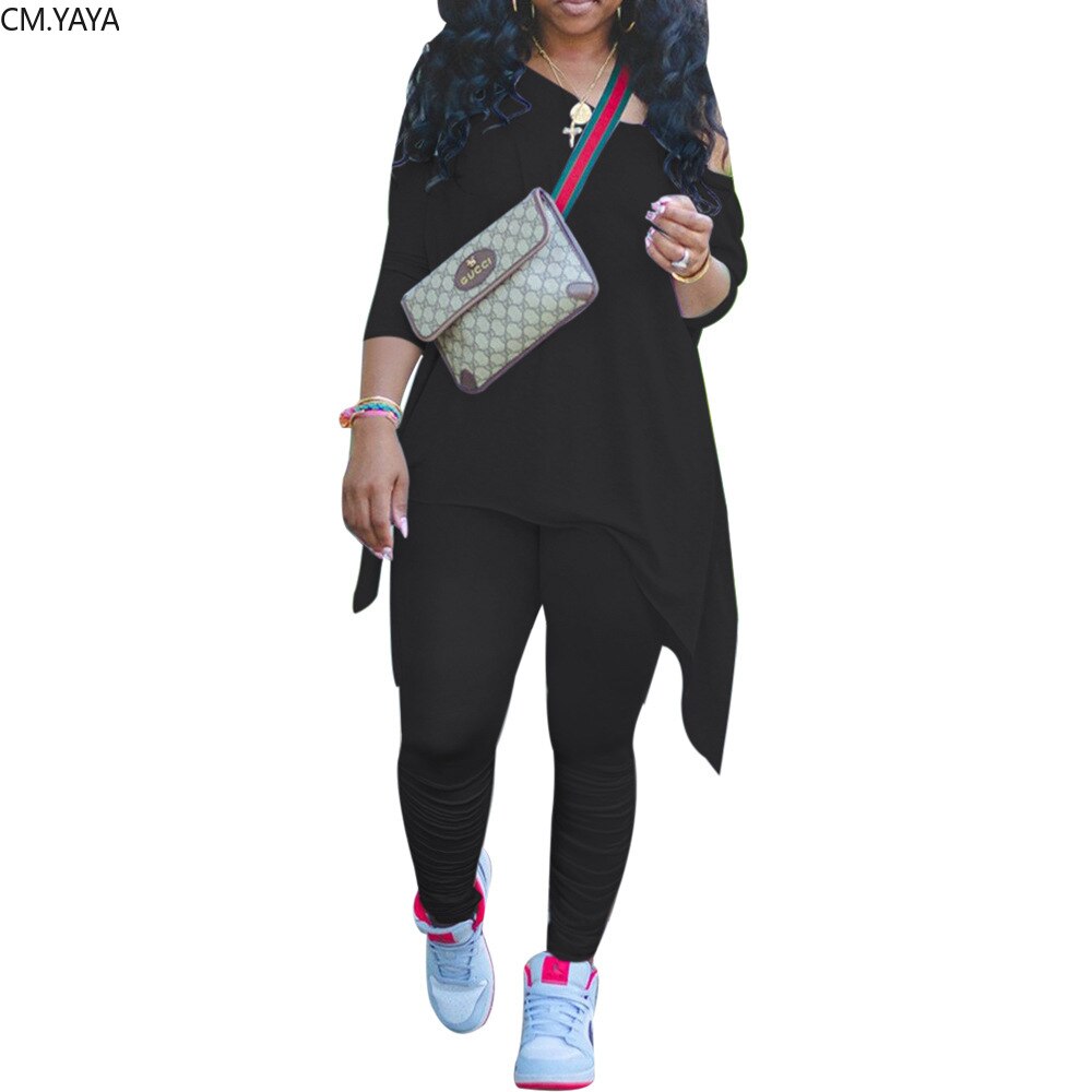 CM.YAYA Women Off Shoulder Irregular Long Sleeve Tops Stacked Pants Suit Active Wear Tracksuit Two Piece Set Fitness Outfits