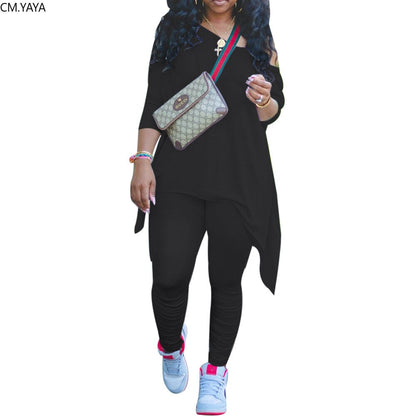 CM.YAYA Women Off Shoulder Irregular Long Sleeve Tops Stacked Pants Suit Active Wear Tracksuit Two Piece Set Fitness Outfits