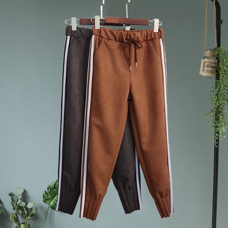 Casual Autumn Winter Women Pants Korean Elastic High Waist Pockets Suede Harem Pants Plus Size Trousers Women femme pantalon